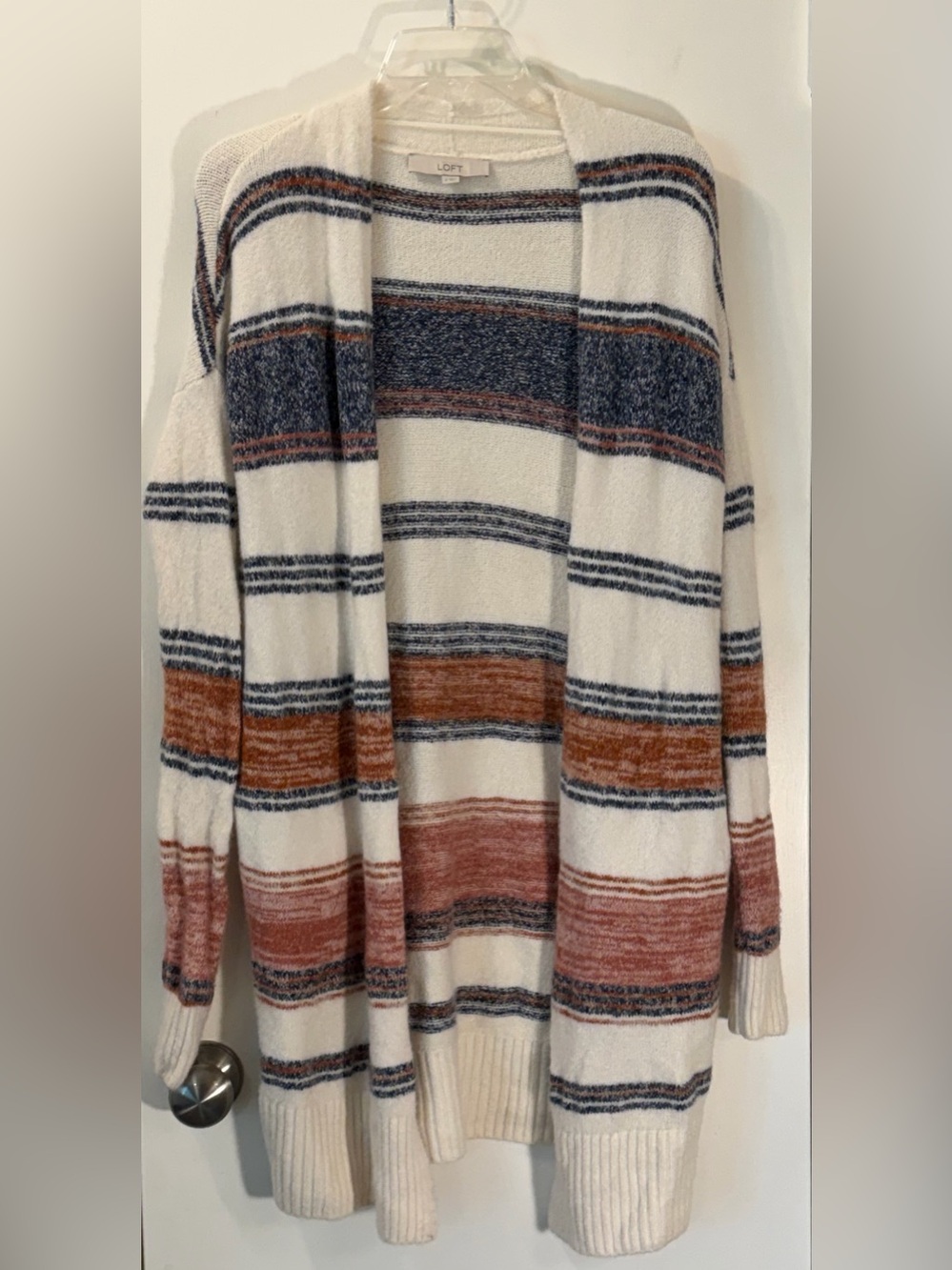 LOFT Open-Front Striped Cardigan - Cream, Navy & Rust